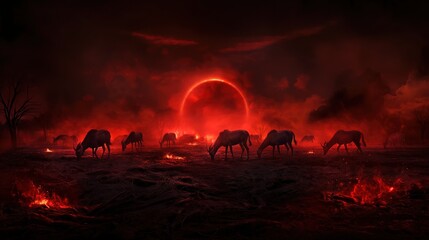 Fototapeta premium Horses graze peacefully in a mystic landscape illuminated by a dramatic red sky during twilight, surrounded by a surreal atmosphere and shadows of distant trees