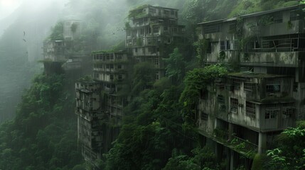 Abandoned structures covered in vibrant greenery stand precariously on a steep mountain, shrouded in mist, evoking an eerie yet captivating atmosphere