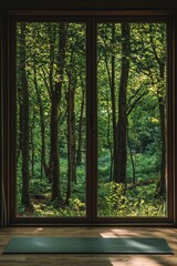 A window in a tranquil yoga studio, offering a view of a serene forest. 