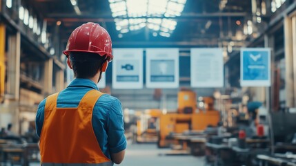 A worker in a safety helmet observes the machinery in a large industrial factory environment, ensuring safety and efficiency.