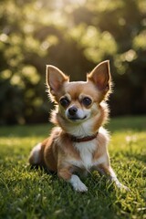 A small brown and white dog is laying on the grass in a park