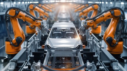 Fototapeta premium Robotic arms work in unison to assemble a car in a high-tech manufacturing facility filled with machinery and bright industrial lighting