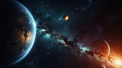 Naklejka premium A colorful galaxy with a large planet in the foreground