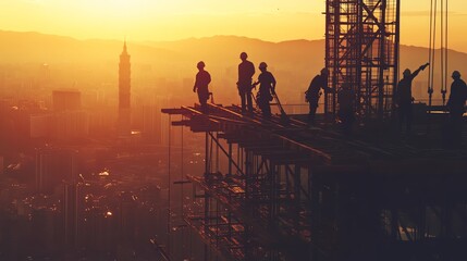 Silhouetted workers on a construction site against a vibrant sunset, illustrating teamwork and progress in urban development.