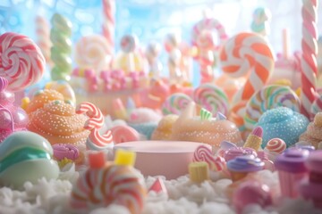 Product podium with fantasy dessert candy confectionery.