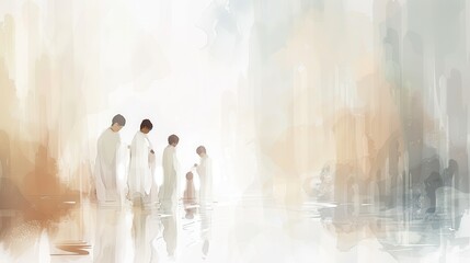 Fototapeta premium Watercolor Biblical Illustration of a Baptism Ceremony, Christian Sacred Rite and Purity, Water and Light, Beige Background, copyspace