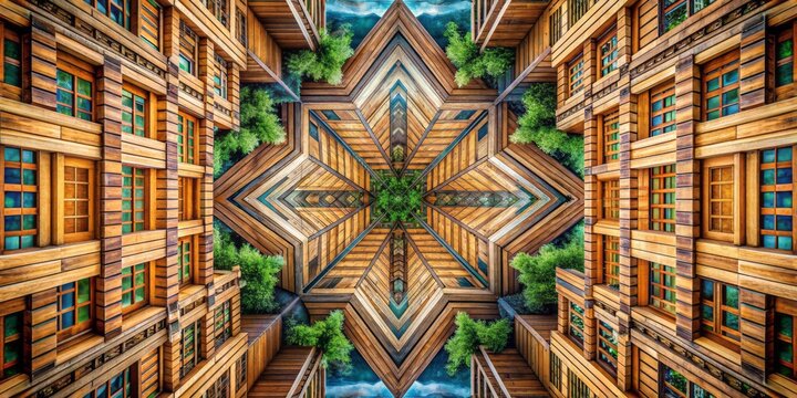 Abstract concept of parallelism represented through intricate textures of wooden planks, repetitive patterns, and symmetrical lines in a harmonious blend of natural and urban elements.