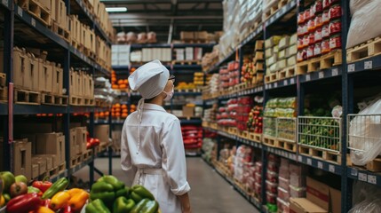A young individual in a white uniform examines grocery shelves filled with various fresh produce and packaged items in a bustling warehouse setting during daylight