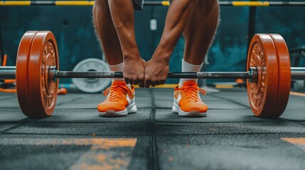 A person lifts a barbell loaded with orange weights in a vibrant gym, concentrating on their form during an afternoon workout session