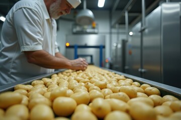 A male worker is checking the quality of potatoes in a factory. Generative AI