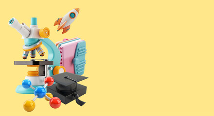 Science 3d elements on isolated background. 3d microscope, notebook, chemical compound, graduate cap and rocket. The concept of education and science 3d.