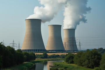 Nuclear power plant with smoke. Generative AI