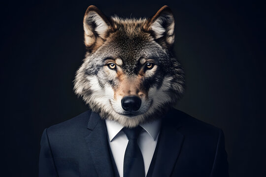 Close up portrait of business wolf wearing a suit and tie 