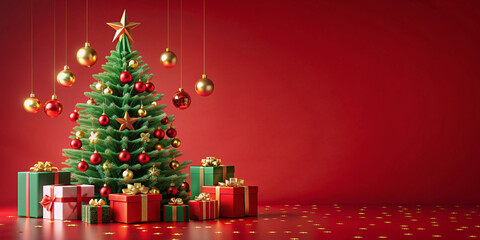Happy New Year background with 3d decorative christmas tree, gifts on red background. Xmas decoration for greeting card or web banner