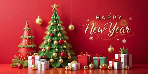 Happy New Year background with 3d decorative christmas tree, gifts on red background. Xmas decoration for greeting card or web banner