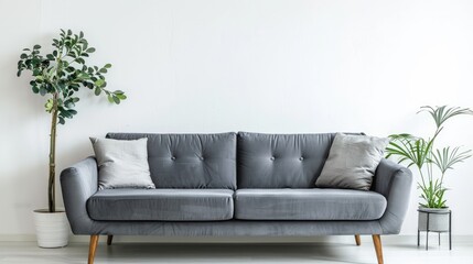 Chic gray couch by white wall