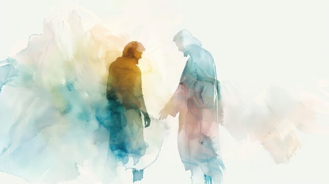 Watercolor Biblical Illustration of Jesus and the Prodigal Son, Redemption and Faith, Beige Background, copyspace