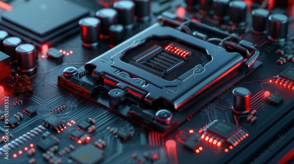 Poster a detailed view of a computer motherboard features intricate circuitry and components illuminated by