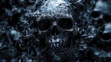 A skull with a black face is surrounded by a black background
