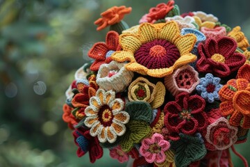 A colorful and textured knitted flower bouquet.  handmade Crochet flowers.