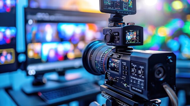 A high-tech camera setup records video in a dynamic studio, showcasing various live feeds on multiple computer monitors in the background