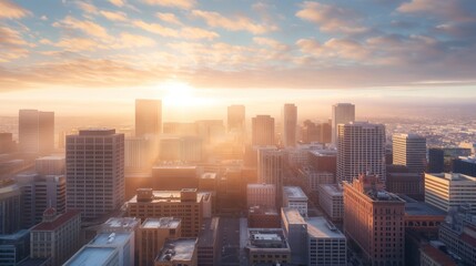 Obraz premium Golden sunlight breaks over a sprawling city skyline, illuminating buildings and casting warm hues across a peaceful morning sky filled with soft clouds