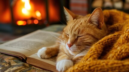 A fluffy ginger cat naps peacefully on an open book, wrapped in a soft blanket, lounging near a glowing fireplace in a cozy living room