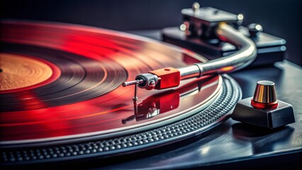 Close-up of a vintage red vinyl record spinning on a turntable, with grooves and label details sharply in focus, against a blurred dark background.