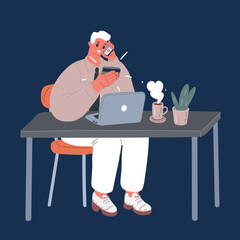 Cartoon vector illustration of Man use smart phone and holding credit card with shopping online. Online payment concept over dark background