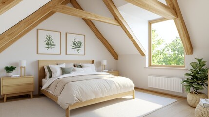Modern Minimalist Bedroom Design with Exposed Wooden Beams and Natural Light