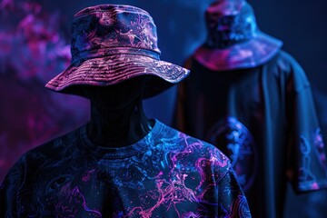 Two fashion mannequins displayed with trendy black and pink outfits