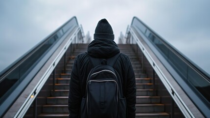 A solitary figure wearing a black hoodie and carrying a backpack climbs an escalator while the dusk sky looms overhead with scattered clouds