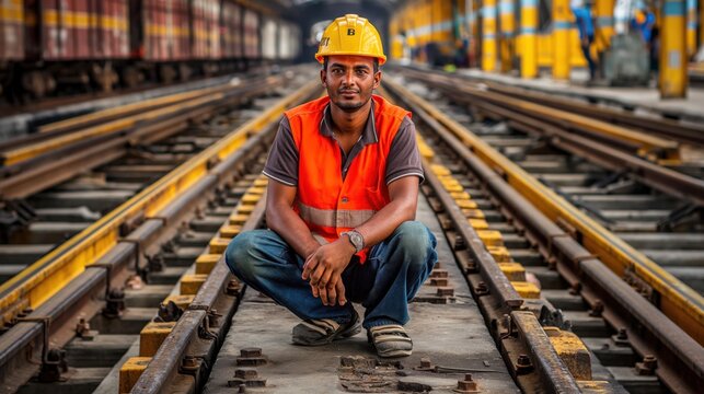 A worker wearing a hard hat and safety vest squats on railway tracks amidst a train station, showcasing dedication to railway safety and maintenance