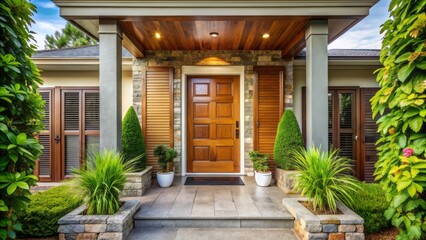 Obraz premium Inviting entrance of a modern home with a stylish wooden door, contrasting shutters, and lush greenery surrounding the porch and walkway leading inside.