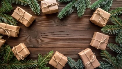 Many wrapped presents on a wooden table, Christmas background