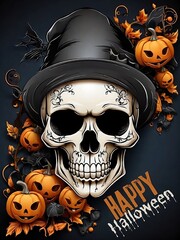 Halloween skull and crossbones with pumpkin.halloween banners set.Happy Halloween creative poster design.Calligraphy with skull with hat and pumpkins.Can be used for banners, posters, invitation. 