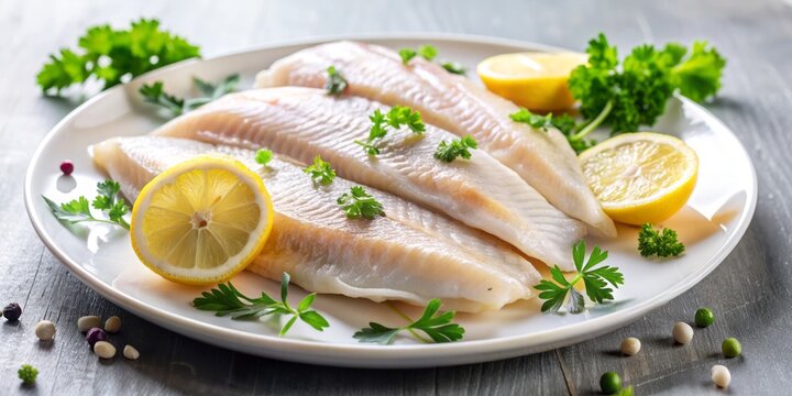 Freshly caught haddock fish fillets laid out on a white plate, garnished with parsley and lemon wedges, ready for a delicious seafood dinner.