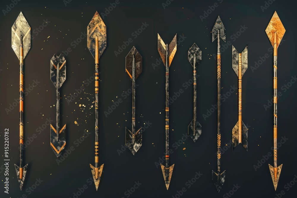 Poster a collection of arrows stuck to a wall, perfect for decorating or illustrating a sense of direction