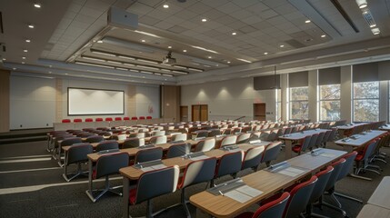 Empty conference room with modern design, equipped with rows of tables, chairs, and a large projection screen, ready for a meeting or seminar.