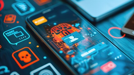 Smartphone displaying futuristic cybersecurity interface with virus and threat icons. Concepts of digital security, technology advancements, and cyber threats.
