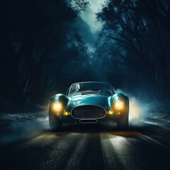 Retro car drives on cinematically lit road