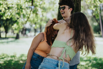 A group of friends having fun by messing up each other's hair and laughing together in a lush green...