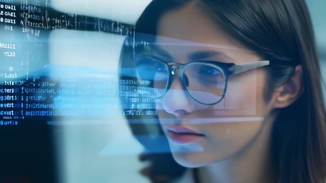 Close up face of professional it specialist female wear glasses using device writing code computer network maintenance.