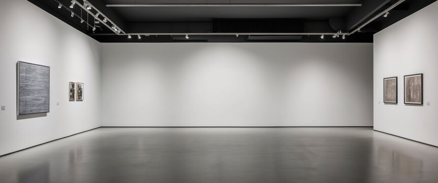 A modern, minimalist art gallery featuring empty walls and sleek lighting, ideal for showcasing contemporary artwork