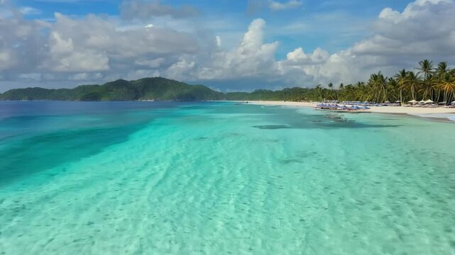 Beautiful tropical beach banner. White sand and coco palms travel tourism wide panorama background concept