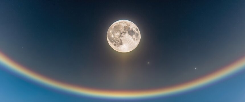 A stunning image of a full moon over a rainbow halo, creating a serene, celestial atmosphere