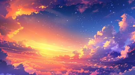 A clear view of the starry night sky with fluffy clouds