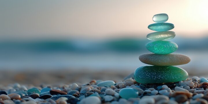Colorful sea glass stones are carefully stacked on a pebble beach with gentle ocean waves in the background during the evening light