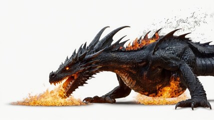 Fototapeta premium Black fire dragon spitting flames, isolated on white or transparent PNG