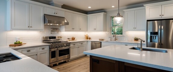 A modern kitchen featuring white cabinets, stainless steel appliances, and a spacious layout, ideal for culinary activities and home gatherings